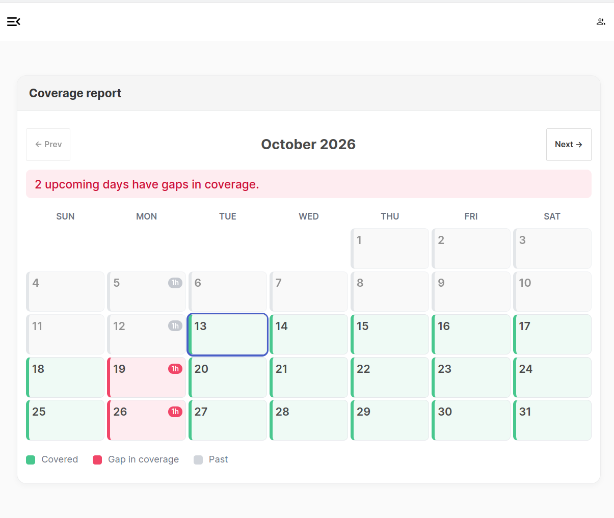 Coverage report calendar for October, highlighting three upcoming days with gaps in on-call coverage