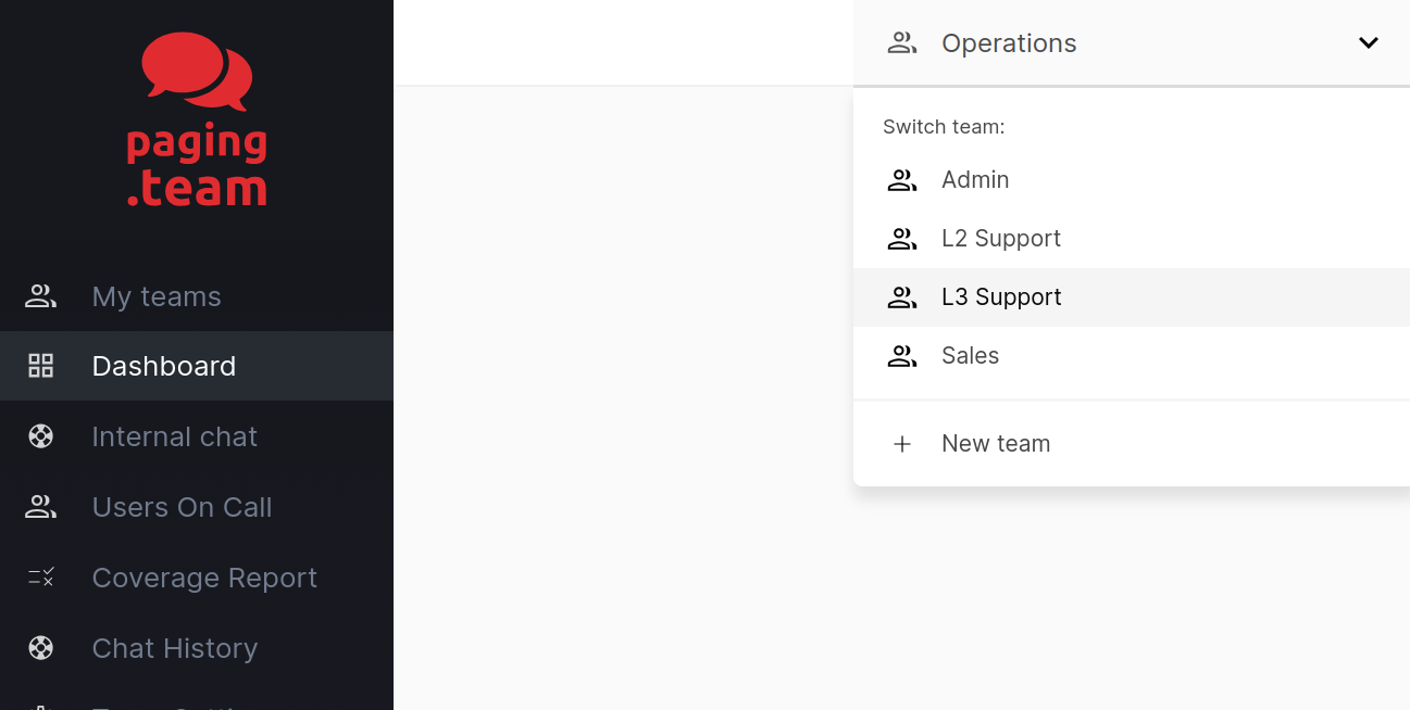 Team switcher menu listing Admin, L2 Support, L3 Support, and Sales teams, with an option to create a new team